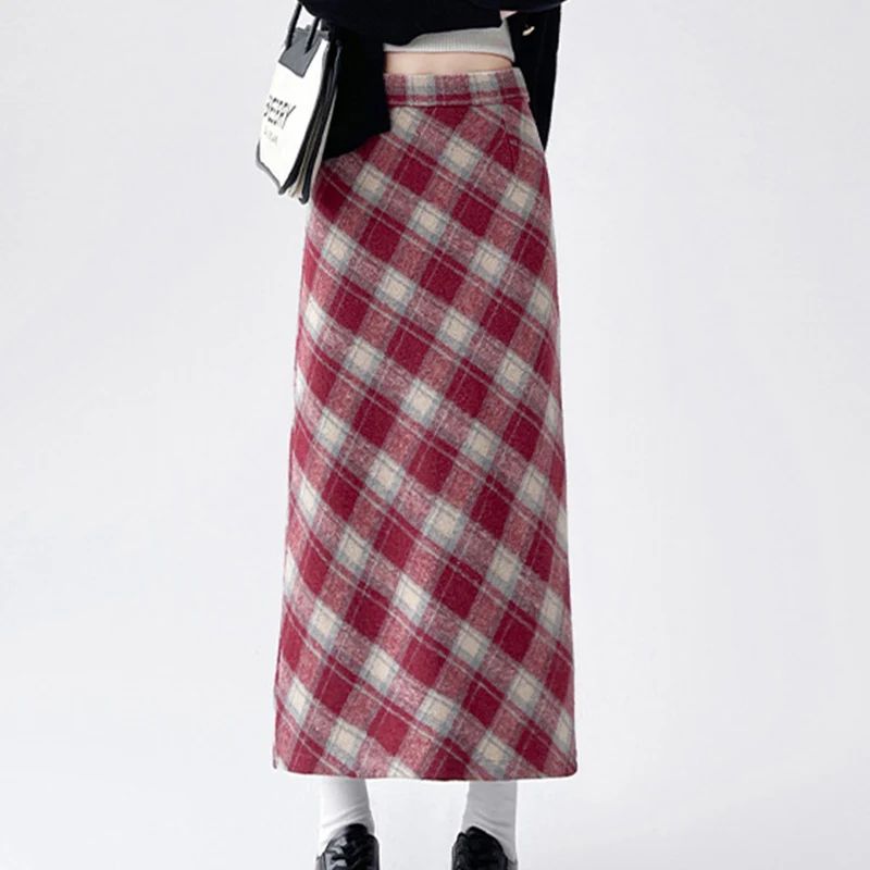 2025 Autumn Vintage Woolen Plaid Skirts Lady Elegant High Waist Slimming A-Line Skirt Women Korean Streetwear Slit Long Skirt