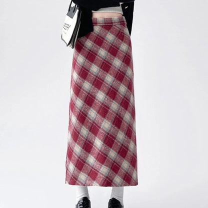 2025 Autumn Vintage Woolen Plaid Skirts Lady Elegant High Waist Slimming A-Line Skirt Women Korean Streetwear Slit Long Skirt