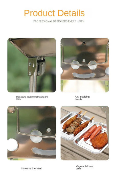 Outdoor Stainless Steel Charcoal Grill Large Size Barbecue Tool Portable Free Installation Handle Folding BBQ Cooking