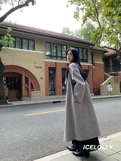 Light Grey Woolen Coat Women's Long Loose Korean Style Fashionable Autumn Winter New Arrival Polyester Fiber Full Sleeve