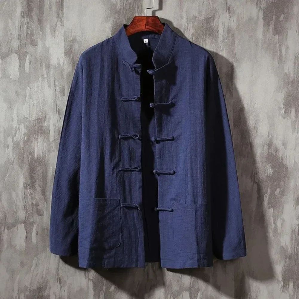 Casual Men's Chinese Style Linen Shirts Stand Collar Traditional Kung Fu Tai Chi Shirt Coat Tang Suit Uniform Jacket Men Clothes