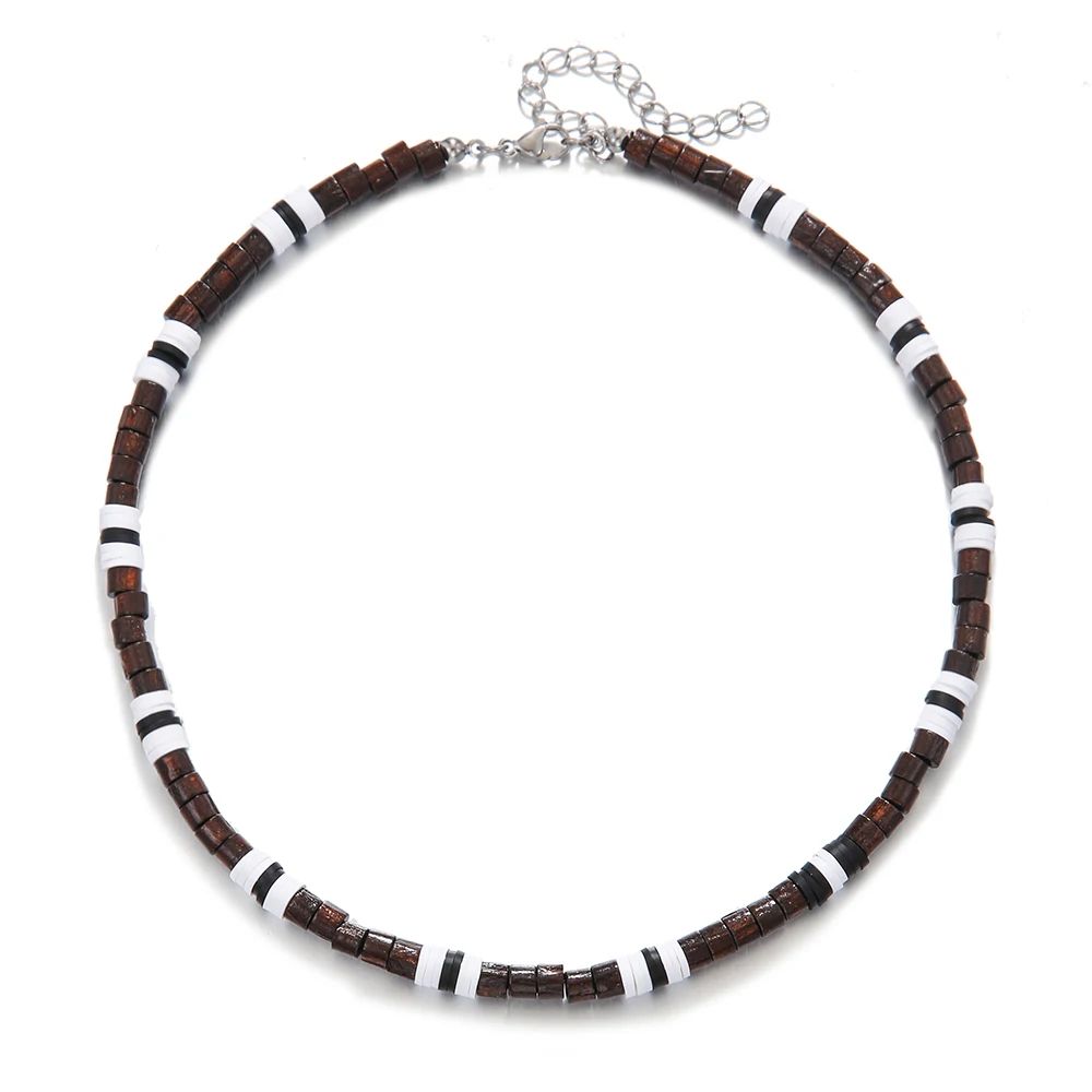 Colar Masculino Artesanal de Contas de Madeira e Argila Colar Fashion Vintage Africano de Contas Brancas para Homens Colar de Surfista de Praia Joias Tribais