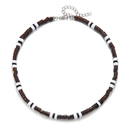Colar Masculino Artesanal de Contas de Madeira e Argila Colar Fashion Vintage Africano de Contas Brancas para Homens Colar de Surfista de Praia Joias Tribais