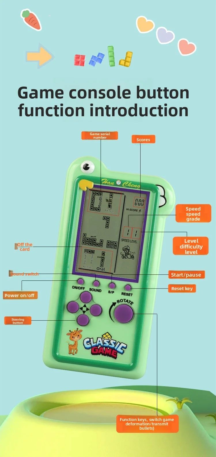 New Model Children's Large-screen Game Console - Tetris Game Console - Classic Puzzle Toy
