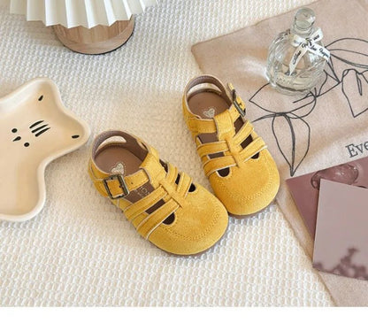 1-12Y Children's Sandals Toe Protect Boys Girls Summer New Candy Color Soft Sole Shoes Kids Casual Retro Flat Leather Sandals