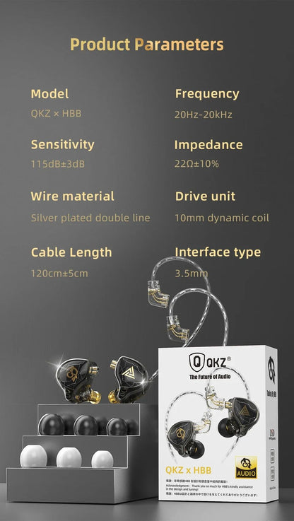 QKZ X HBB Best HiFi In Ear Wired Earphones 10mm Titanium-Coated Diaphragm Semi-open Cavity CNC Aluminum Alloy Monitor Headphone