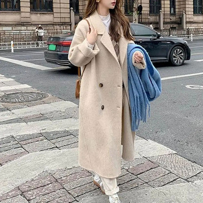 Women Coat Double-Breasted Mid-length Outerwear Lapel Stylish Warm Mid-Length Double Pockets Winter Coat Lady Accessories