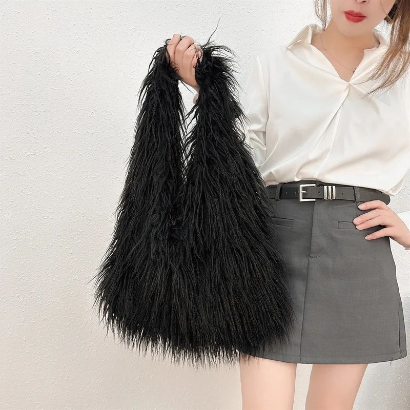 2025 NOVAS Bolsas de Ombro Pelúcia Lã Femininas Y2k Hot Girls Bolsa Saco com Cordão de Pele Sintética Moda Feminina Bolsas de Mão Peludas Tote