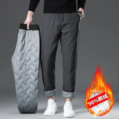 Calça Masculina de Inverno de Pena de Ganso Cintura Elástica Roupa Externa Calça de Pena Casual À Prova de Frio Nova Calça Reta Quente e Engrossada de Inverno