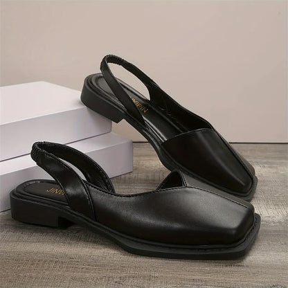 Leather Toe Cap Sandals for Women 2024 New Flat Bottomed Square Toe Single Shoes, Retro Exterior Wear, Anti Slip Beach Slippers