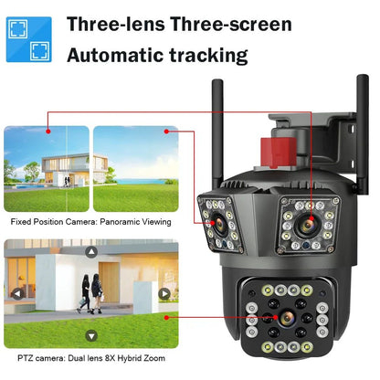 8K 12MP Outdoor WiFi Camera 12X Zoom Four Lens Three Screen PTZ Camera 360° Surveillance Cameras Motion Tracking Security Camera