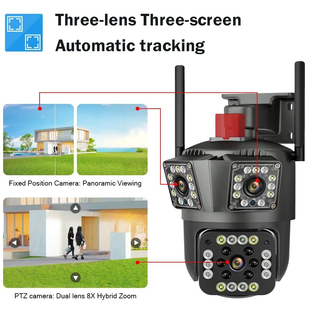 8K 12MP Outdoor WiFi Camera 12X Zoom Four Lens Three Screen PTZ Camera 360° Surveillance Cameras Motion Tracking Security Camera