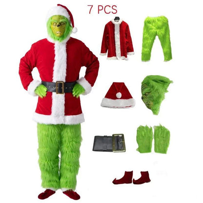 Santa Claus Costume Set Christmas Party Prom Adult Role Playing Green Monster Shaggy Halloween Cosplay Suit Gloves Mask