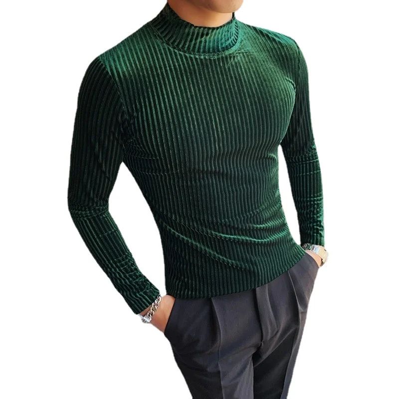 New Gold Velvet T Shirt Men Clothing Fashion Trend Male Luxury Prom Party Long-sleeved Striped Pullover Tops Homme