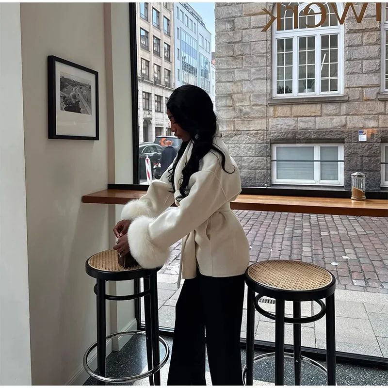 2025 Chic Lapel Plush Coat With Belt Women Vintage Solid Faux Fur Sleeve Tweed Open Coats Female Autumn Casual Street Outwear