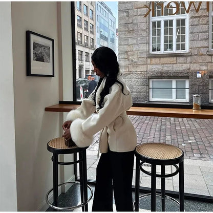 2025 Chic Lapel Plush Coat With Belt Women Vintage Solid Faux Fur Sleeve Tweed Open Coats Female Autumn Casual Street Outwear