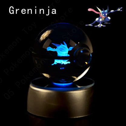 Esfera de Cristal 3D Pokémon 7CM 5CM Mewtwo Pikachu Gengar Bola de Cristal de Vidro Pokémon Pokebola Luminária Noturna LED com Base de Presente