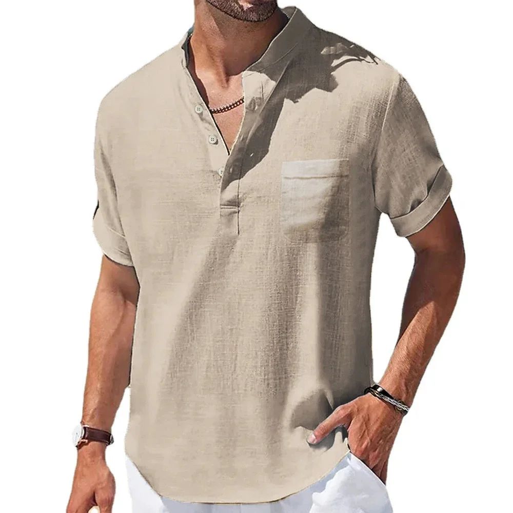 Hot selling Men's Cotton Linen Solid Color Short Sleeve Shirt Casual Summer Henley Collar Shirts Breathable Loose Beach T-Shirts