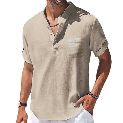 Hot selling Men's Cotton Linen Solid Color Short Sleeve Shirt Casual Summer Henley Collar Shirts Breathable Loose Beach T-Shirts