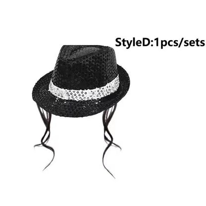 Disco Stage Performance Sequin Hat Tie Glove Set Michael Jackson Cosplay Style Sparkly Costume For Dance Party Halloween Gift