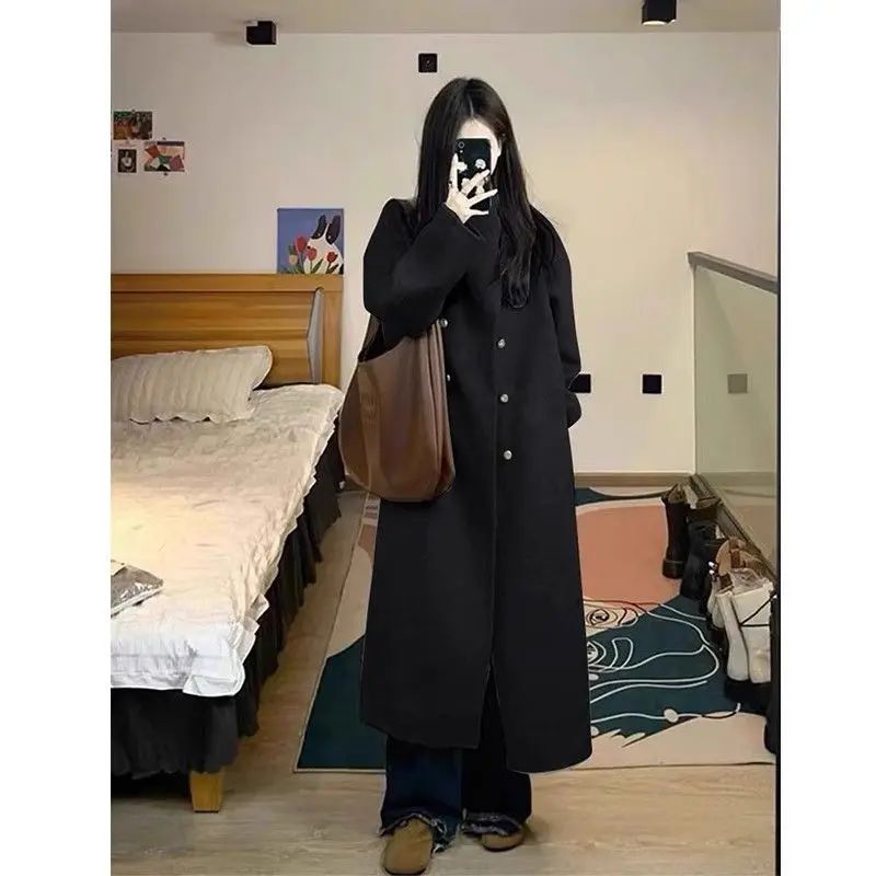 Light Grey Woolen Coat Women's Long Loose Korean Style Fashionable Autumn Winter New Arrival Polyester Fiber Full Sleeve