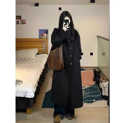 Light Grey Woolen Coat Women's Long Loose Korean Style Fashionable Autumn Winter New Arrival Polyester Fiber Full Sleeve