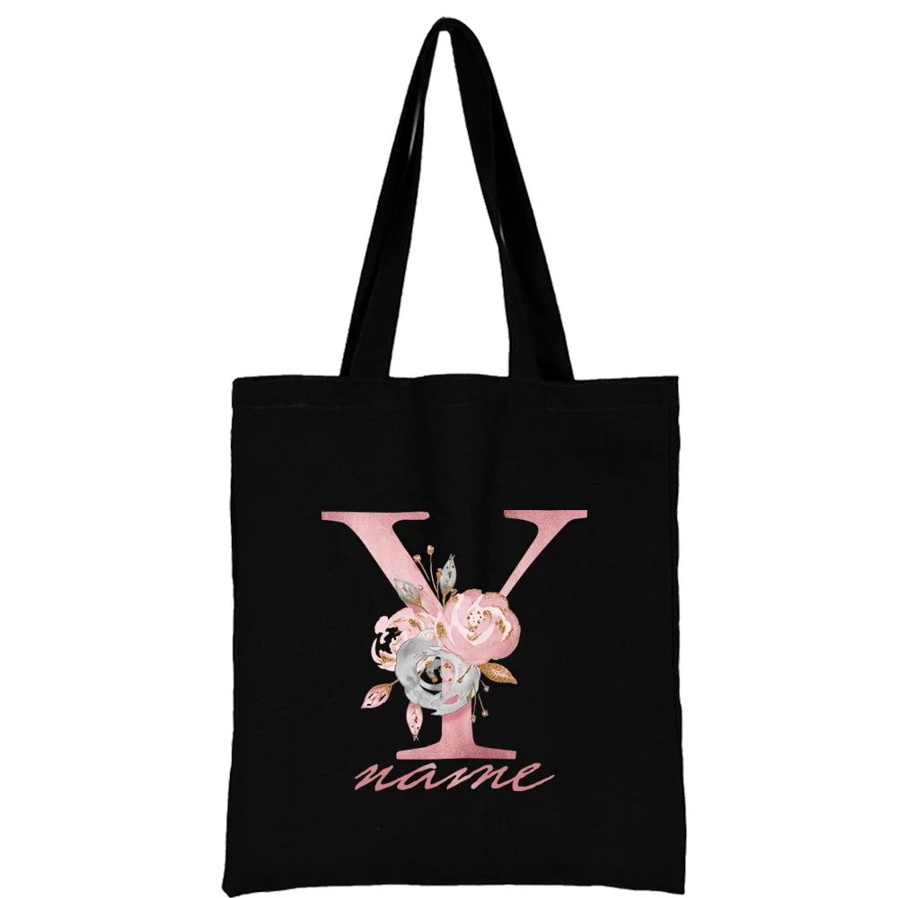 Custom Free Name Canvas Bags Women Shoulder Bag Handbags Pink Letter Beach Bags Tote Casual Woman Grocery Eco Shopping Bag