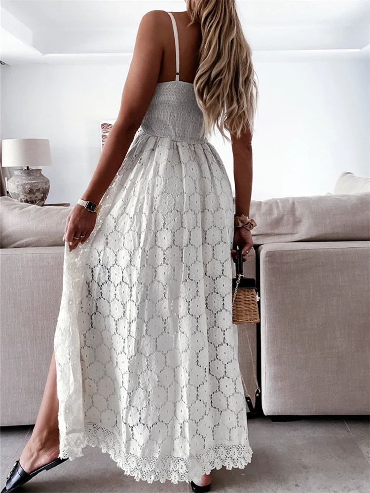 2025 Summer Women Lace Playsuit Dress Sleeveless V Neck Hollow Out Irregular Mid