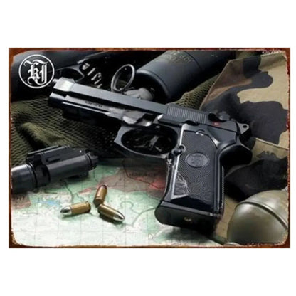 GUNHERO Pistol Metal Wall Signs - Bold Military Style - Perfect Decor for Man Caves, Homes, Bars & Garden Spaces