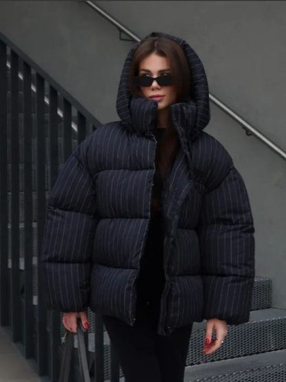 Women's Pinstripe Oversized Puffer Jacket Full Sleeve Detachable Hood Zipper Warm Coat 2025 Autumn Winter Female Casual Wear