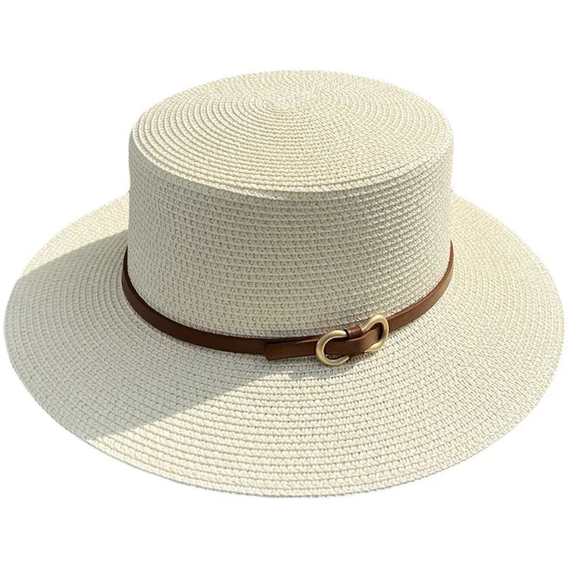 Simple Straw Summer Women Beach Hat Female Casual Panama Hat Women Flat Brim Bowknot Straw Cap Girls Sun Hat