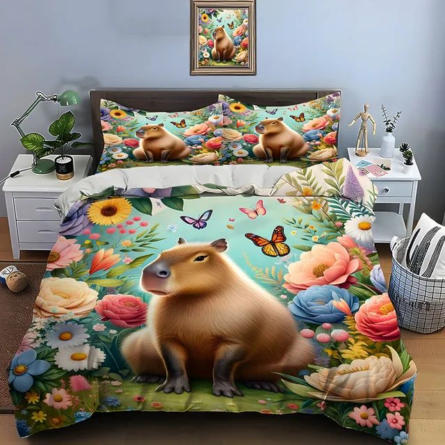 Cute Cartoon Capybara Print Bedding Set Duvet Cover 1 Duvet Cover 2 Pillowcases Adult and Children Bedding Set Christmas Gifts