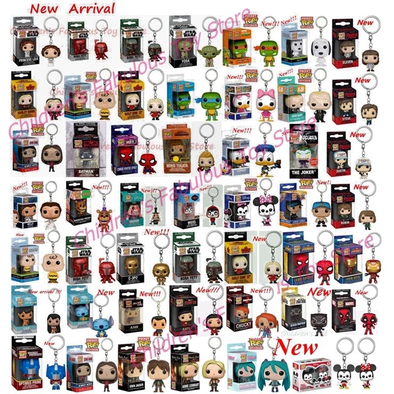 41 modelos Chegada Nova Chaveiros FUNKO POP Chaveiro Yoda Leia Boba Feit Minnie Katy batman Spidey Bruxa Mirio Bonecos de Ação