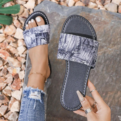 Casual Denim Slippers for Women 2025 Fashionable Non-Slip Wear-Resistant Soft Bottom Comfortable Flat Heel Sandals
