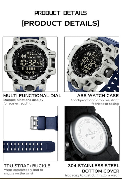 SANDA Men Outdoor Sports Watch Waterproof LED Analog Digital Show Multifunction Big Dial Electronic Wristwatch G style Male Cloc