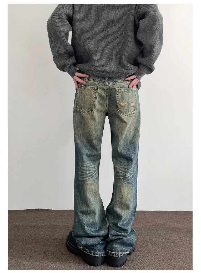 Vintage American Style Men's Straight-Leg Slimming Long Jeans Distressed Washing Denim Pants Trendy Brand Bootcut Pants