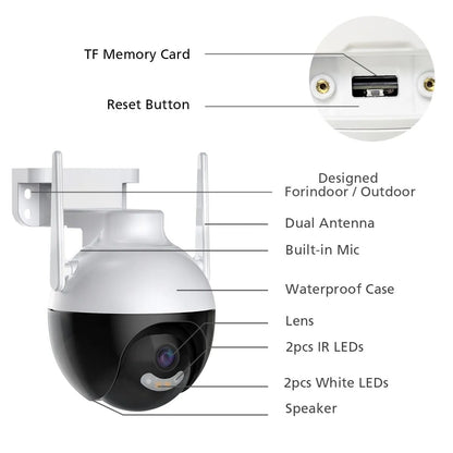4K 8MP WiFi PTZ IP Camera Human Body Detection Indoor Outdoor Waterproof Color Night Vision Home Security Surveillance System