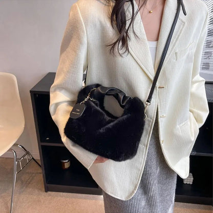 Fashionable Cute Plush Shoulder Bag for Women's Solid Color Soft Fluffy  Handbag Autumn Winter Soft Plush Crossbody Bag