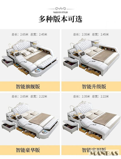 MANBAS Ultimate Bed Frame Tech Smart Multifunctional Bed with Genuine Leather, Massage, USB, Bluetooth Speaker, Tatami & Safe