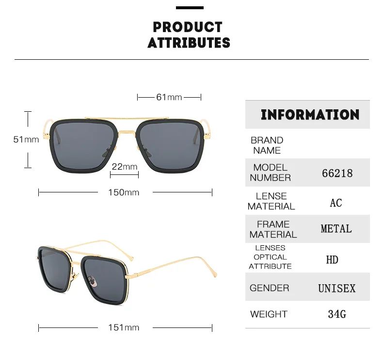 Óculos de Sol da Moda Armação Quadrada Estilo Tony Stark Óculos de Sol Feminino Masculino Quadrado Grife Óculos Retrô Masculino Iron