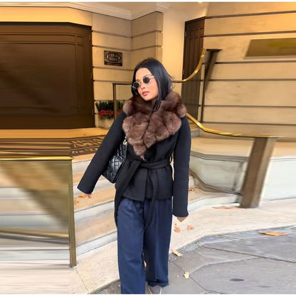 Elegant Fur Collar Woolen Coat Women Contrast Full Sleeve Turn-down Collar Loose Lace Up Coats Female 2025 Autumn Lady Outwears