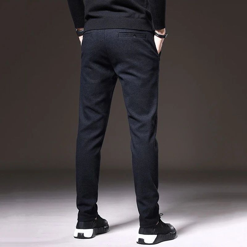 Autumn Winter Men Thermal Office Pants Straight Narrow Leg Classic Casual Pants Drawstring Tie Up Design Thicken Fleece Trousers