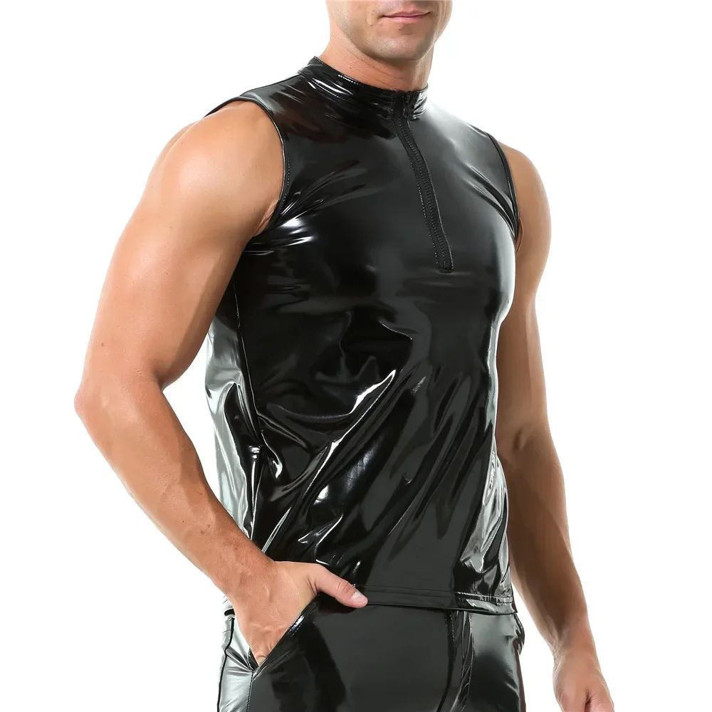Mens Sexy Shiny PVC Leather Tank Top Vest Erotic Glossy Wet Look Leather T-Shirt Sleeveless Shaping Tank Top Vest Night Clubwear
