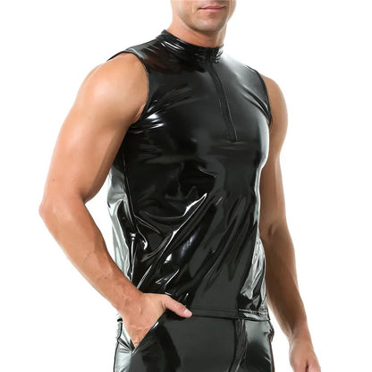 Mens Sexy Shiny PVC Leather Tank Top Vest Erotic Glossy Wet Look Leather T-Shirt Sleeveless Shaping Tank Top Vest Night Clubwear
