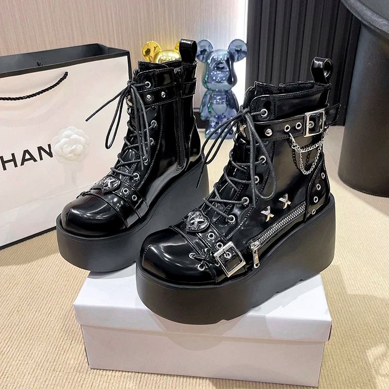 New Gothic Style Platform Vampire Cosplay Women Mid-calf Boots 2024 Winter Wedges Comfy Women Motorcycle Boots Shoes