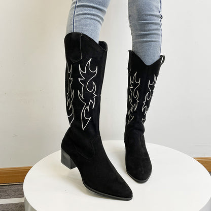 Embroidered Cowboy Boots for Women Knee High Midium Chunky Heel Pointed Toe Retro Classic Western Cowgirl Boots