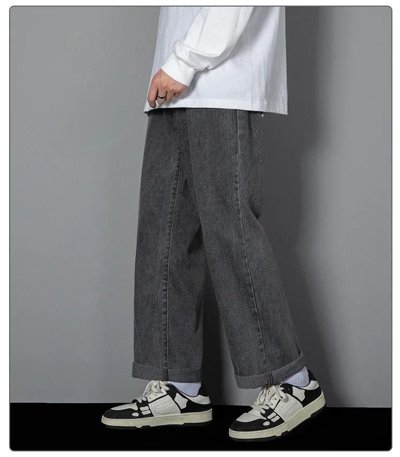 2025 Calças Jeans Casuais Masculinas Coreanas Novas Retas Longas Perna Larga Jeans Cor Sólida Azul Claro Cinza Preto