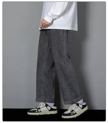 2025 Calças Jeans Casuais Masculinas Coreanas Novas Retas Longas Perna Larga Jeans Cor Sólida Azul Claro Cinza Preto