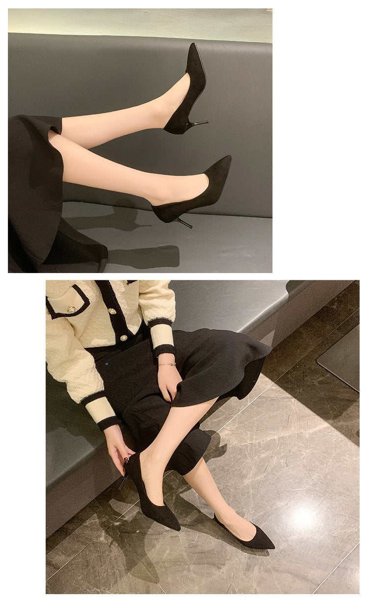 High Heels Women's New Women's Shoes Pointed Shallow Mouth Single Shoes Fine Heel Suede Black Fashion Shoes Women Large Size