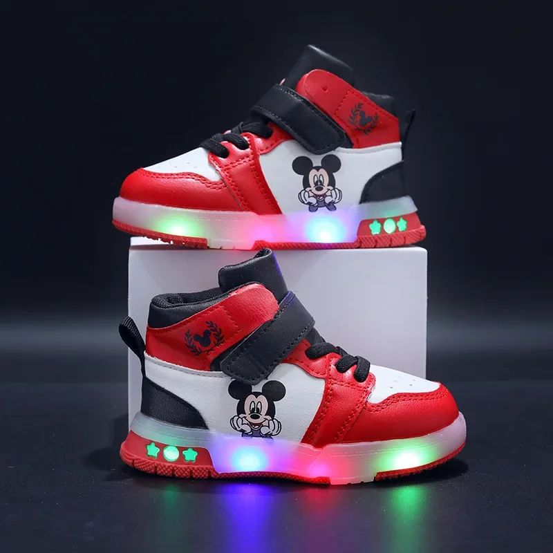2024 Disney Children's Led Light Shoes Fashion Mickey Mouse Boys Sneakers Girls Cartton Casual Shoes Breathable Kids Sport Shoes
